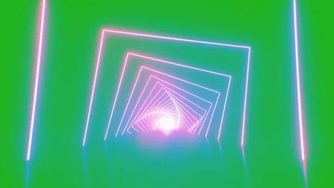 Self spinning of Neon geometric square shapes with bright colors on green screen Stock Footage 314120894