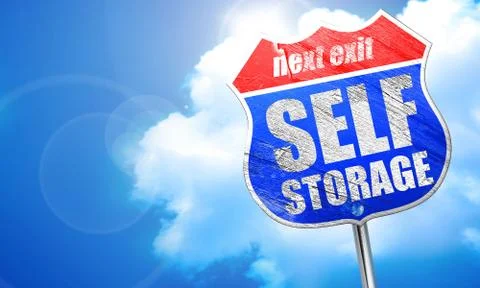 Self storage, 3D rendering, blue street sign Stock Illustration