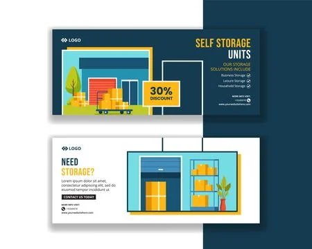Self Storage Horizontal Banner Flat Cartoon Hand Drawn Templates Background.. Stock Illustration