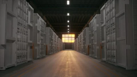 Self Storage Warehouse Aisle with Glowing Window Cinematic Interior Stock Footage 337814344