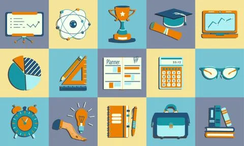 Self study and education themed icons set. Stock Illustration