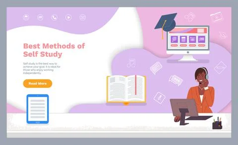 Self study concept banner. Illustration of girl using computer and headphones Stock Illustration