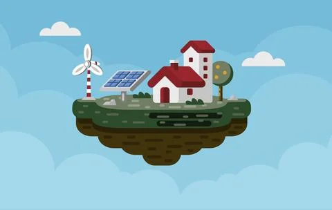 Self-Sufficiency Electric Power Concept. Eco-Friendly House on Floating Island Stock Illustration