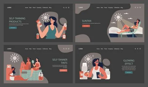Self-tan web banner or landing page dark or night mode set. Beautiful Stockillustratie