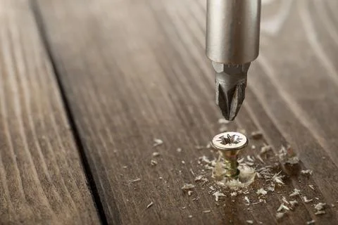 Self-tapping screw screwed into a wooden board close-up Stock Photos