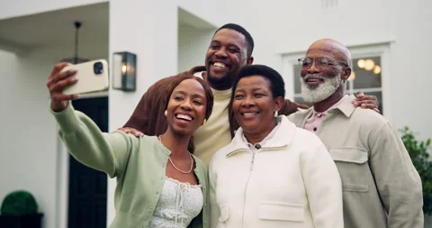 Selfie, backyard and people with senior parents for bonding, memory and social Stock Footage 337537155