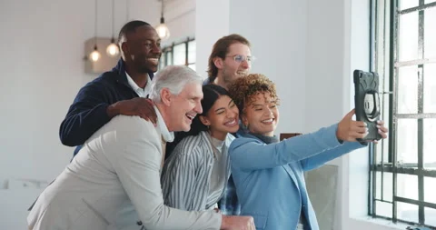 Selfie, bonding and team in office with smile, digital photo and fun together in Stock Footage 341465940