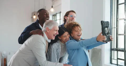 Selfie, bonding and team in office with laugh, digital photo and fun together in Stock Footage 341465975