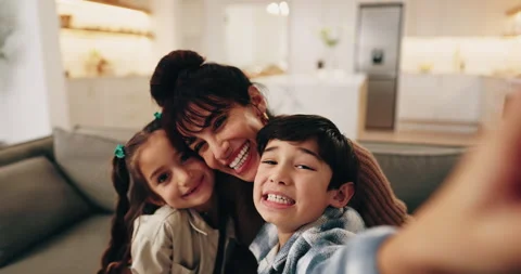 Selfie, children and sofa with mom in home for picture, capture moment or memory Stock Footage 338187633