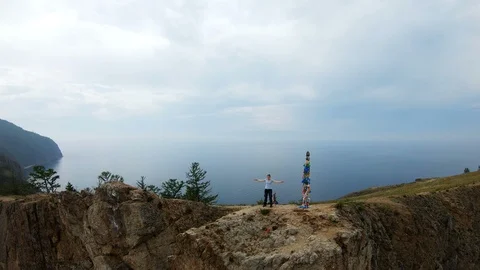 Selfie by drone on the edge of a high steep cliff Stock Footage 108382418