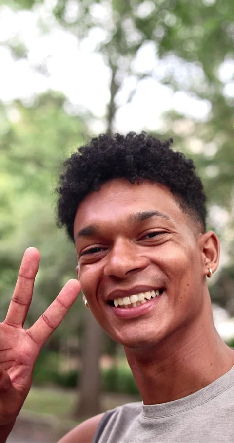 Selfie, face or man outdoor with peace sign, digital memory or fitness hobby for Stock Footage 340752646