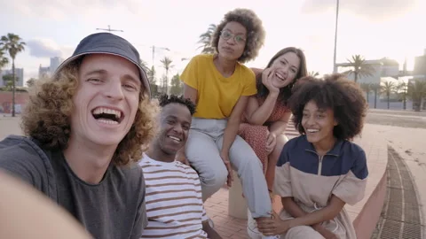 Selfie of the group of cheerful multiethnic friends, enjoying the vacations Stock Footage 162351932