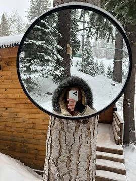 Selfie in the mirrow in the forest Stock Photos
