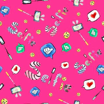 Selfie pattern on a bright pink background Stock Illustration