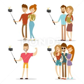 Selfie people isolated vector illustration character photo lifestyle set hipster Stock Illustration