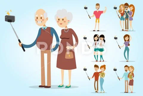 Selfie people isolated vector illustration character photo lifestyle set hipster Stock Illustration