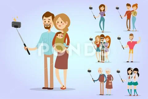 Selfie people isolated vector illustration character photo lifestyle set hipster Stock Illustration