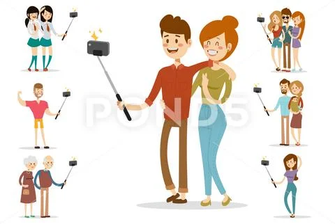 Selfie people isolated vector illustration character photo lifestyle set hipster Stock Illustration