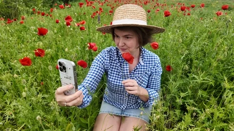 Selfie in Poppy Field Stock Footage 312945235
