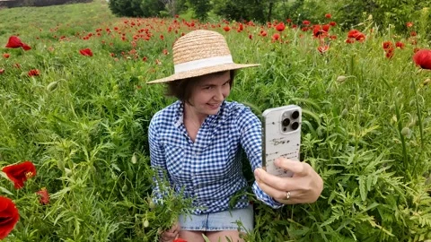 Selfie in Poppy Field Stock Footage 312945670