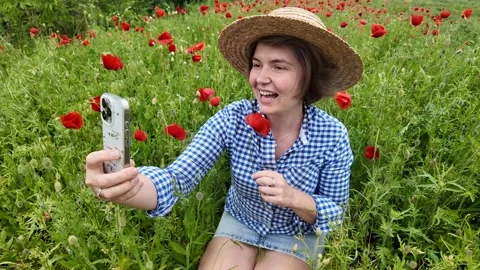 Selfie in Poppy Field Stock Footage 312945742