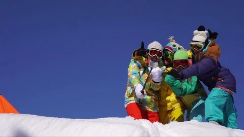 Selfie portrait messaging winter ski skiing snow vacation young Caucasian Stock Footage 73564208