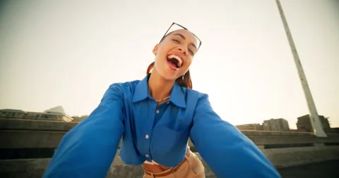 Selfie, post and frame with woman in city for social media, trendsetter and Stock Footage 305801875