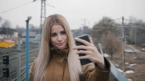 Selfie on the railway Stock Footage 106565753