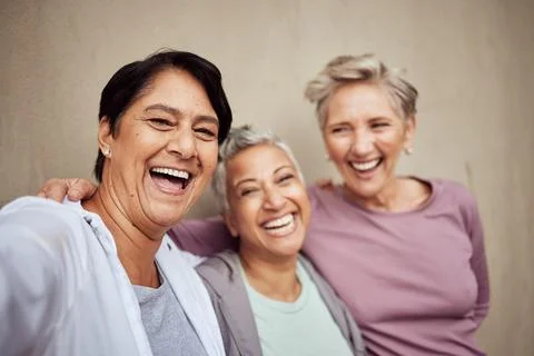 Selfie, senior women and happy fitness group, support and healthy lifestyle Stock Photos
