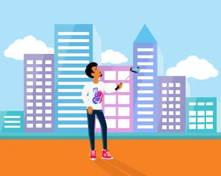 Selfie on Smartphone Using Monopod Stock Illustration