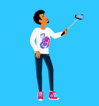 Selfie on Smartphone Using Monopod Stock Illustration