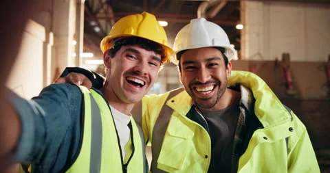 Selfie, smile and team of construction workers together at site for engineering, Stock Footage 338372964