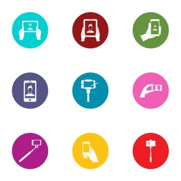 Selfie stick icons set, flat style Ilustração Stock