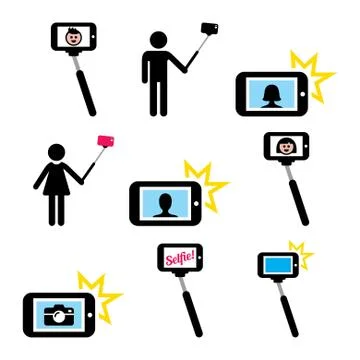 Selfie stick with mobile or cell phone icons set Illustrazione stock
