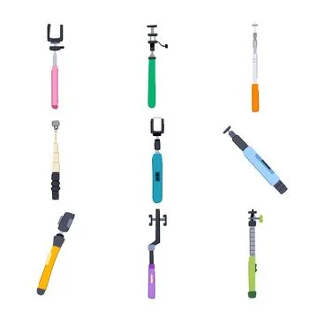 Selfie stick set cartoon vector illustration Stock Illustration