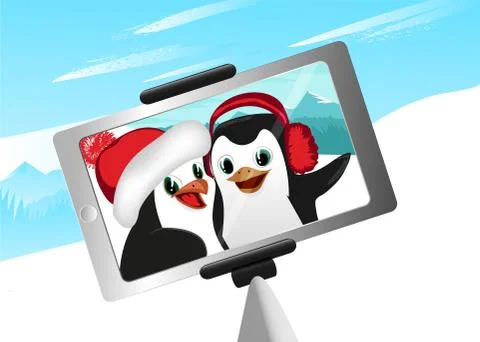 Selfie of two penguins winter mountains vector illustration Stock Illustration