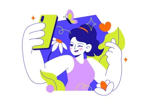 Selfie Vector Illustration Featuring Happy Friends Taking Photos, Smartphon.. Stock Illustration