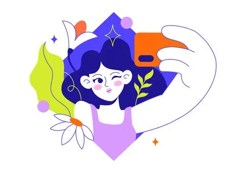 Selfie Vector Illustration Featuring Happy Friends Taking Photos, Smartphon.. Stock Illustration