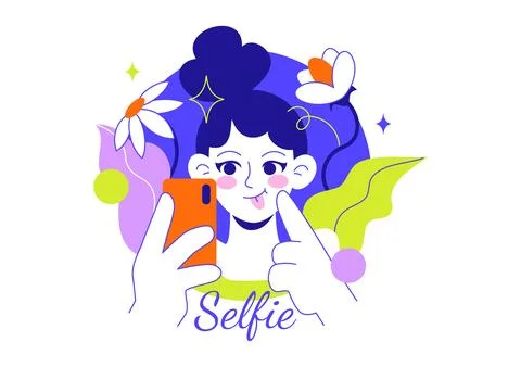 Selfie Vector Illustration Featuring Happy Friends Taking Photos, Smartphon.. Stock Illustration
