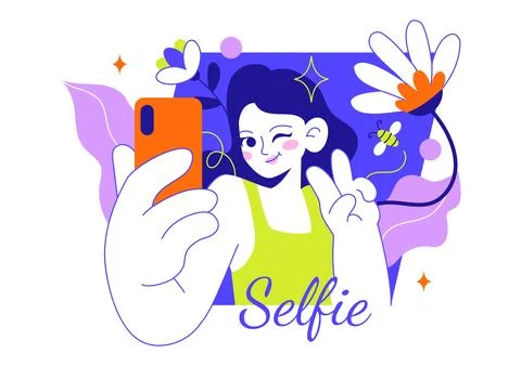Selfie Vector Illustration Featuring Happy Friends Taking Photos, Smartphon.. Stock Illustration