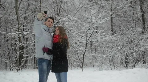 Selfie in the winter forest Stock Footage 60396077