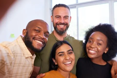 Selfie at work with colleagues, creative diverse team having fun in office Stock Photos