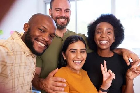 Selfie at work with colleagues, creative diverse team having fun in office Stock Photos