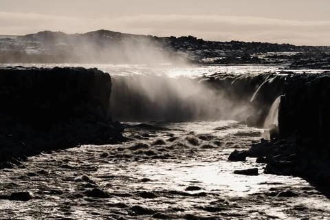 Selfoss waterfall back light long exposure in Iceland Stock Photos