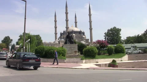 Selimiye Mosque And Architect Sinan Sculpture in Edirne City Stock Footage 46210076