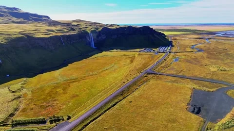 Seljalandsfoss Waterfall and Green Cliffs, Iceland, Slowly Advancing View Stock Footage 342267290