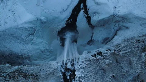 Seljalandsfoss Waterfall View Moving Backwards from Above in Winter Stock Footage 85679165