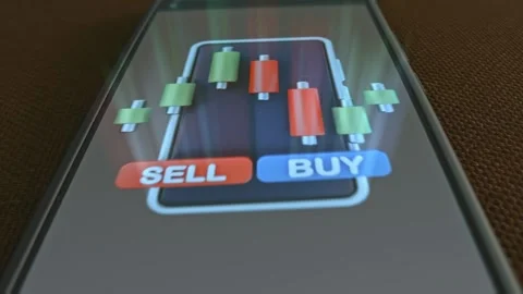 Sell and Buy buttons with chart, graphic presentation on smartphone 스톡 동영상 303426581