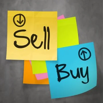 "sell buy" text on sticky note paper on wall texture as concept Illustrazione stock