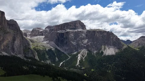 Sella Group Aerial View Over Forested Valley, Dolomites Italy Stock Footage 339877222